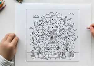 Birthday celebration with balloons and cake vector illustration