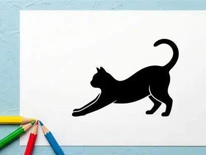 Silhueta de um gato se alongando em preto sobre fundo branco