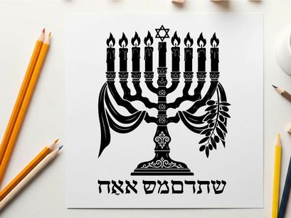 Hanukkah menorah silhouette with hebrew text and star of david