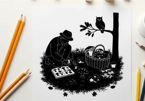 Man in silhouette plays chess outdoors under owl's watchful eye at night