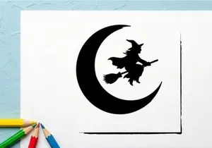 Silhouette of a witch flying on a broomstick over a crescent moon