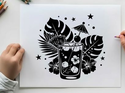 Silhouette of tropical cocktail with umbrella and palm leaves silhouette