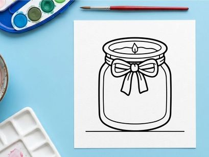 Candle in a glass jar with a bow. Simple line art drawing of a decorative scented candle.