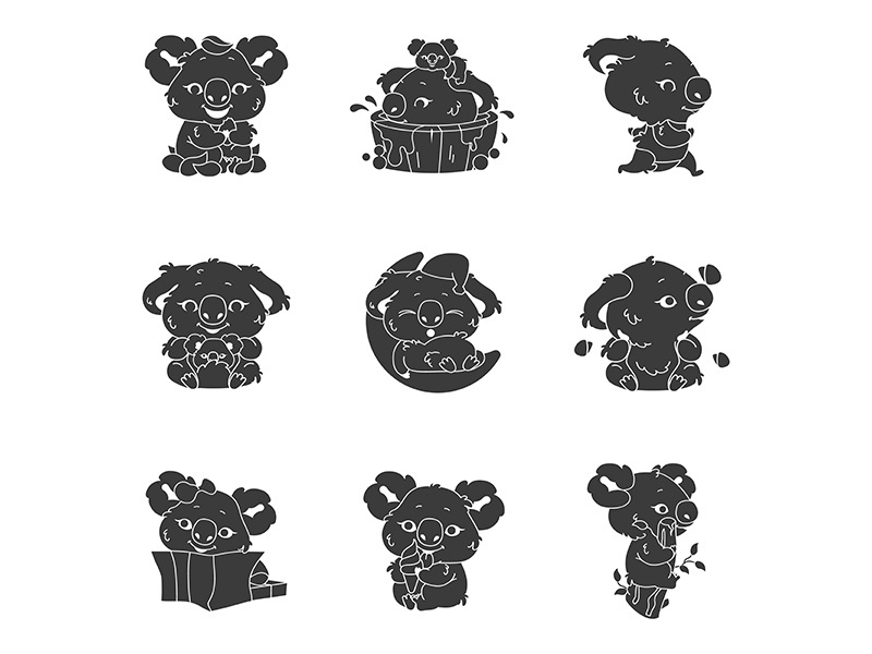 Cute koala kawaii character glyph icons set