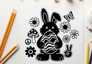 Easter bunny holding egg silhouette with flowers and butterflies
