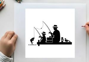 Silhouette of two men fishing on a boat with ducks