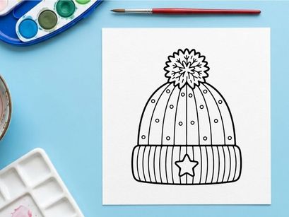 Topi beanie musim dingin dengan pom pom dan ikon bintang, ilustrasi seni garis hitam putih