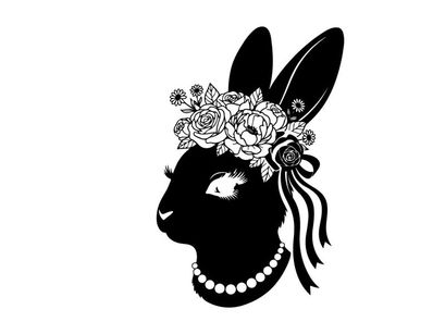 Silhouette of a rabbit wearing a floral headpiece and pearls