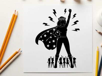 Superhero silhouette with cape and lightning bolts rising silhouette