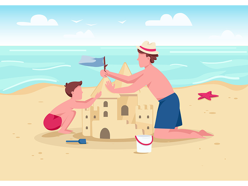 Beach family activity flat color vector illustration