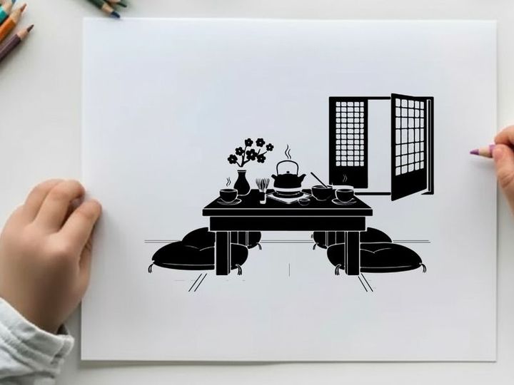 Silhouette of a traditional japanese room interior with table