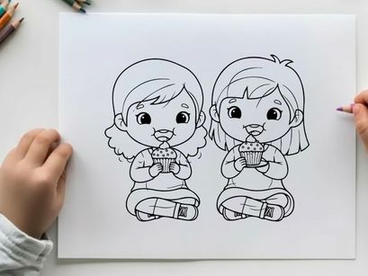 Twin girls eating cupcakes vector illustration flat design