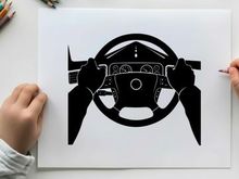 Silhouette of a car's steering wheel and dashboard