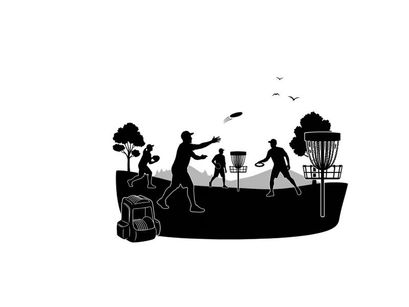 Silhouette of people playing disc golf in a park with trees and baskets