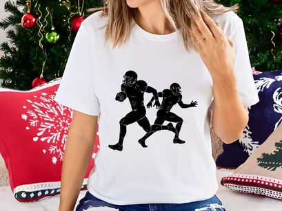 Two american football players in action on the field