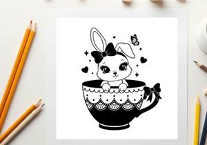 Adorable bunny silhouette in decorative teacup with butterfly