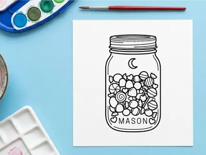 Handgezeichneter Einmachglas gefüllt mit bunten Marshmallows. Verspielte Skizze von Süßigkeiten in einem Glasbehälter für Bastelarbeiten und Design.