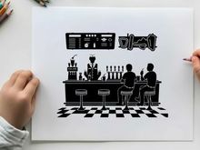 Silhouette of two men sitting at a diner counter with a soda fountain