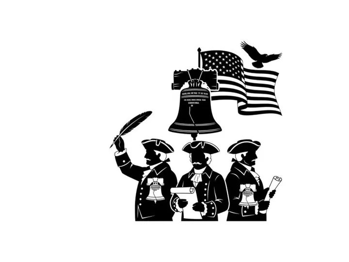 American revolution silhouette with patriotic symbols and founding fathers