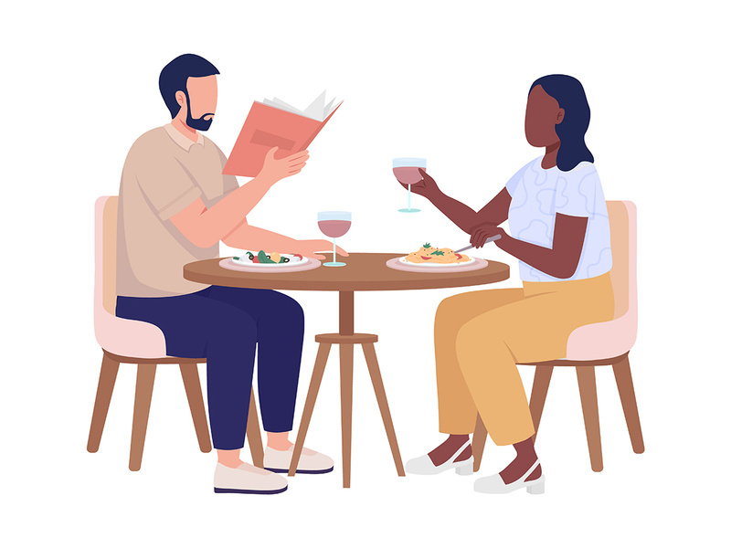 People enjoying food in restaurant semi flat color vector characters