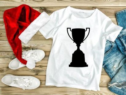 A black silhouette of a classic trophy cup on a white background