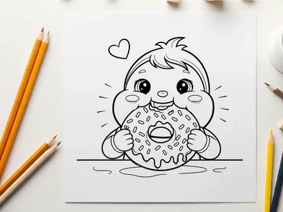Cute baby eating donut messy happy vector illustration