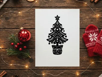 Stylized Christmas Tree in Pot with Star and Ornaments for Holiday Decor