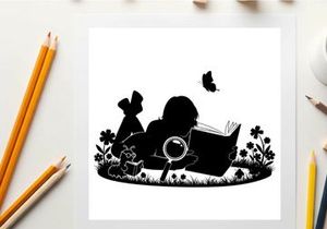 Silhouette of girl reading book with magnifying glass and butterfly nearby