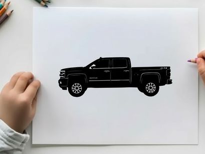 Silhouette of a black pickup truck with a long bed and four doors