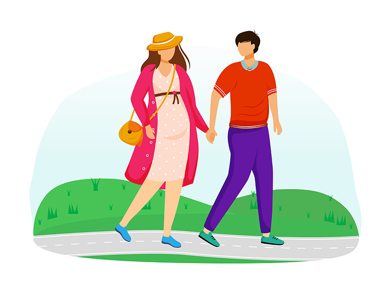 Pregnant lady and husband walk in park flat vector illustration