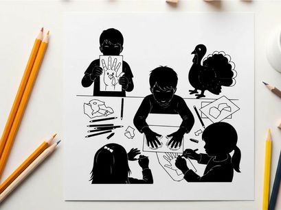 Children's art activity with silhouette of kids and a turkey