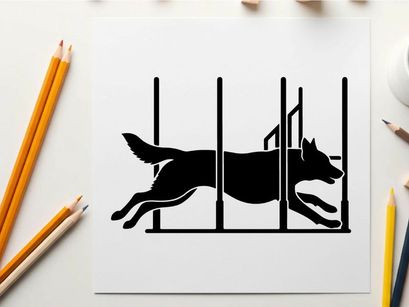 Dog silhouette jumping over hurdles in athletic silhouette