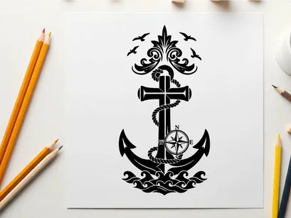 Nautical silhouette anchor cross compass birds sea waves