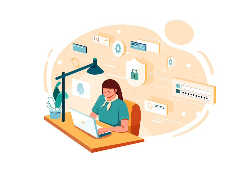 Female employee working on data security Illustration