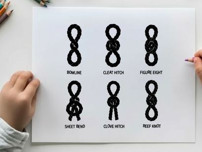 Silhouette of various knots and hitches in a grid pattern silhouette