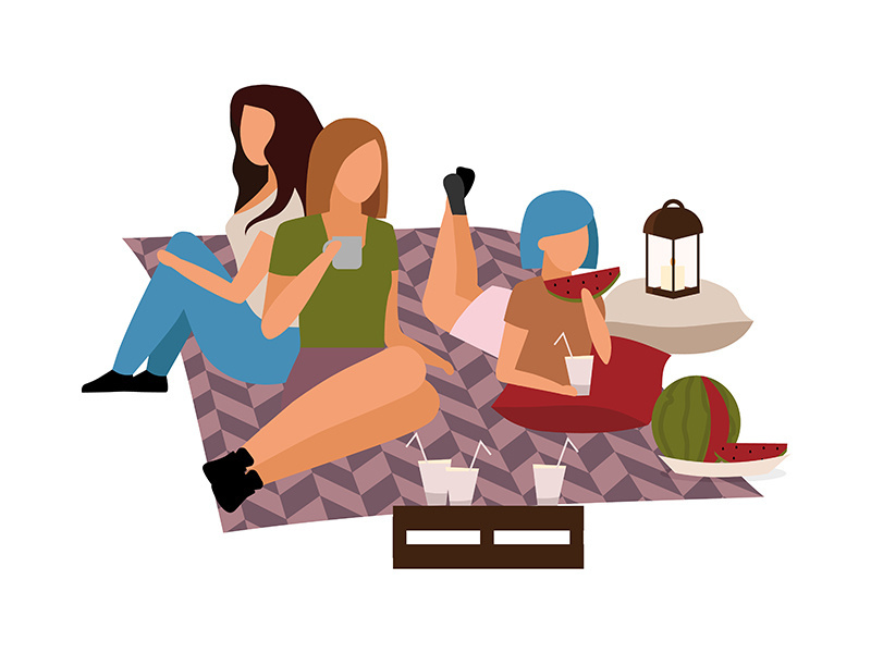 Female friends enjoying outdoor picnic semi flat color vector characters