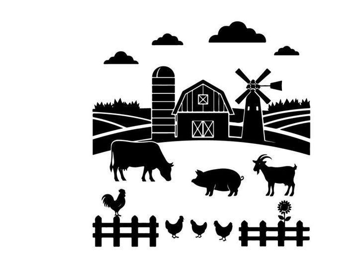 Farm silhouette with animals and windmill