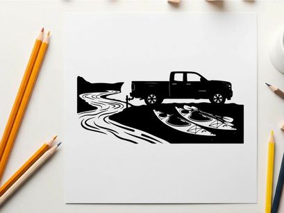 Silhouette of a pickup truck on a winding road in a rural silhouette landscape