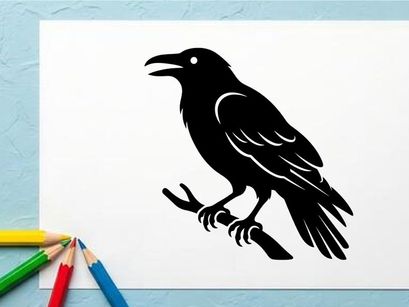 Silhouette Burung Gagak yang Duduk di Dahan dalam Warna Hitam Putih