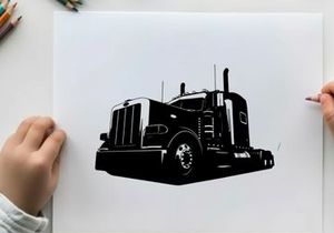 Silhouette of a semi truck with a large grill and exhaust pipes