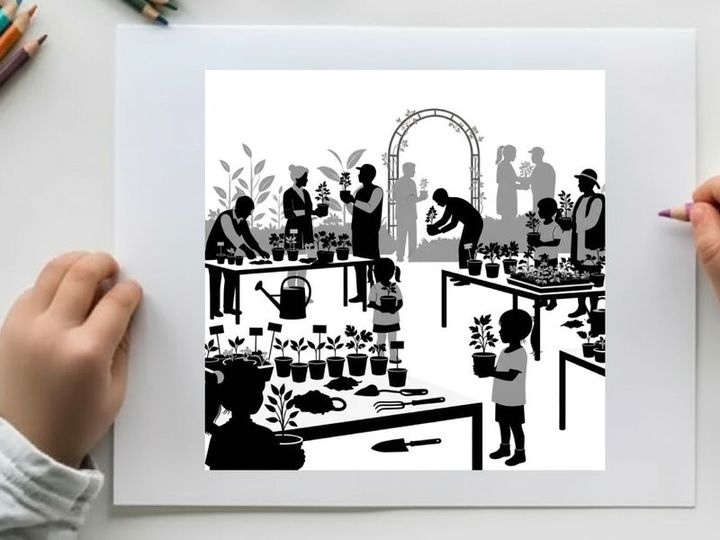 Silhouette of people gardening and planting in a community event setting