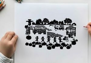 Silhouette of a lively autumn festival with people and pumpkins