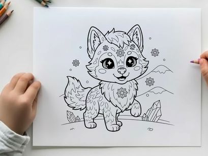 Cute white wolf puppy with flowers vector illustration flat design