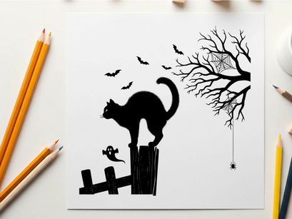 Black cat silhouette on fence under full moon