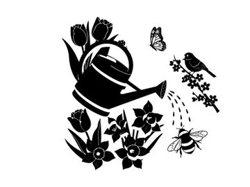 Silhouette of watering can and flowers with birds and insects preview picture