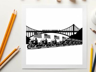 Motorcycle riders in silhouette under a bridge with american flags