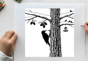 Silhouette of woodpecker on tree with bird feeder and other birds