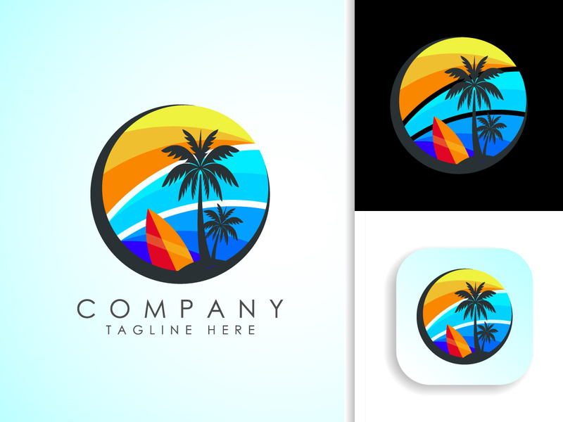 Beach logo design. Sun sunset sunrise with beach ocean sea water logo icon.