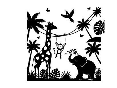 Silhouette of giraffe monkey elephant in tropical jungle scene