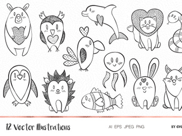 Valentine's Day Hand Drawn Animals Vector Illustrations preview picture